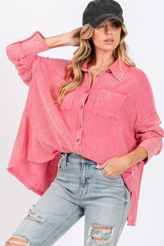 SAGE + FIG Frayed Hem Button-Down Shirt with Side Slits