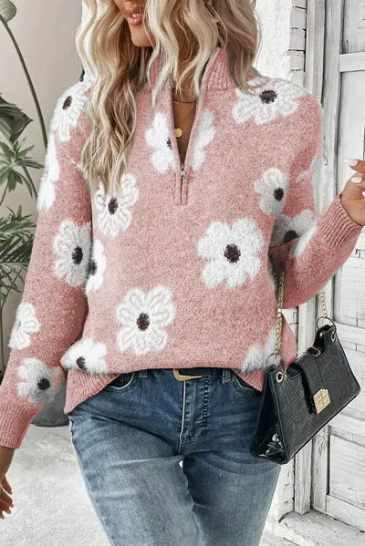 Floral Half-Zip Long Sleeve Knit Sweater Blush Pink