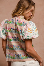 BiBi Ruffle Neckline Blouse With Embroidery Bubble Sleeve