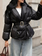 Long Sleeve Belted Puffer Jacket with Pockets