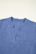 Classic Roll-Up Sleeve Notched Collar Blouse with Pocket Detail