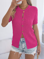 Cable Knit Button Down Short Sleeve Cardigan - Stylish & Versatile
