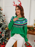 Geometric Round Neck Long Sleeve Sweater Green