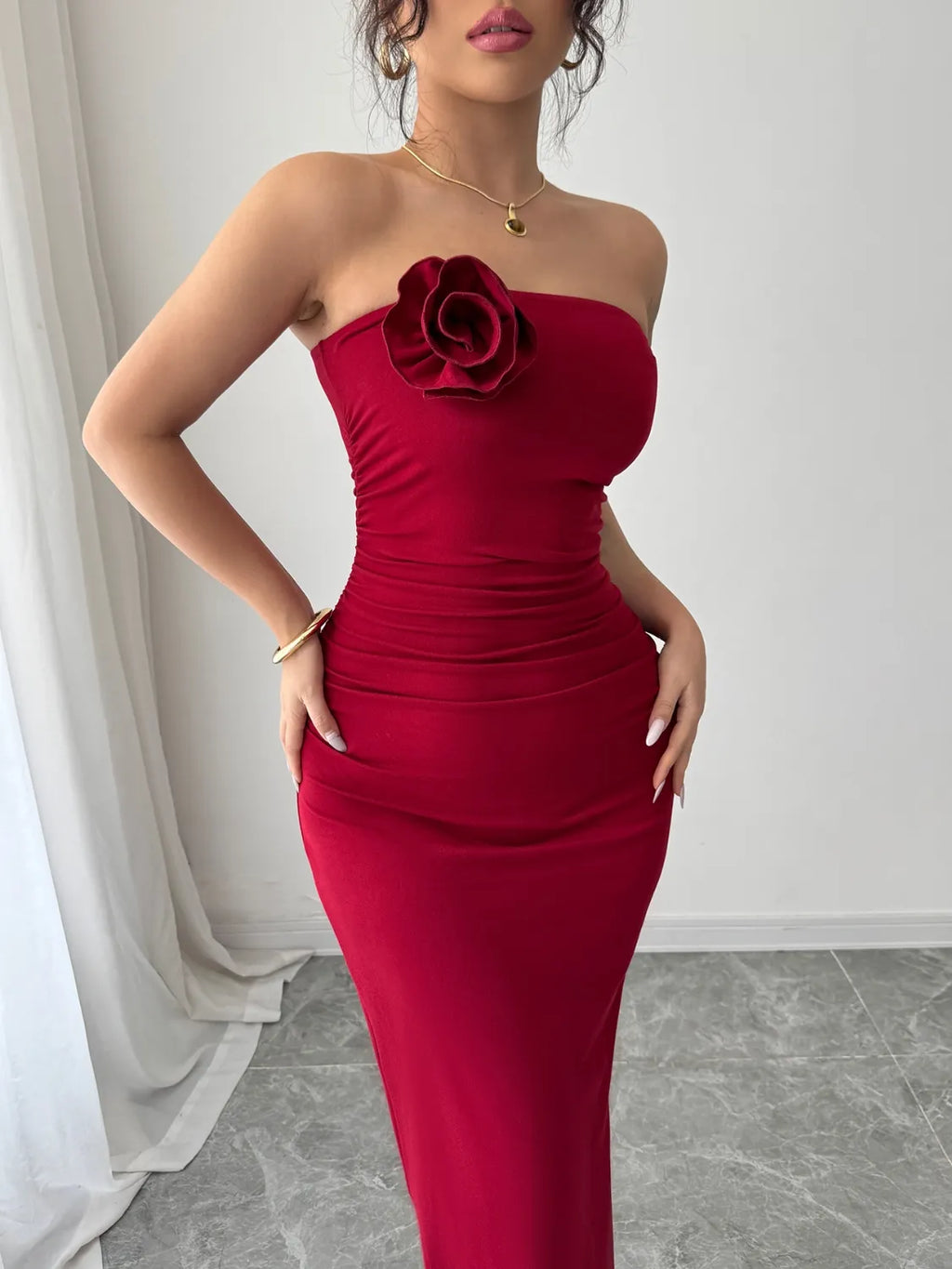 BloomBack Slit Back Floral Tube Midi Dress Scarlet