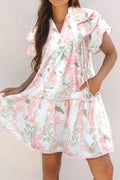 Floral Contrast Edge Mini Dress - Ruffled Short Sleeve Summer Look Blush Pink