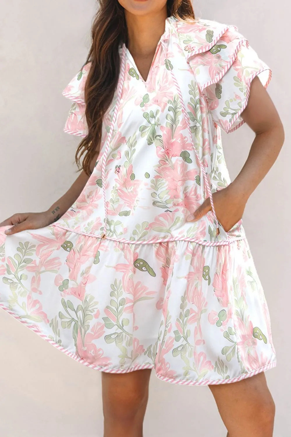 Floral Contrast Edge Mini Dress - Ruffled Short Sleeve Summer Look Blush Pink
