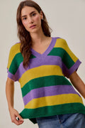 SO ME Mardi Gras Loose-Fit V-Neck Striped Sweater Top Multicolor
