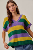 SO ME Mardi Gras Loose-Fit V-Neck Striped Sweater Top Multicolor