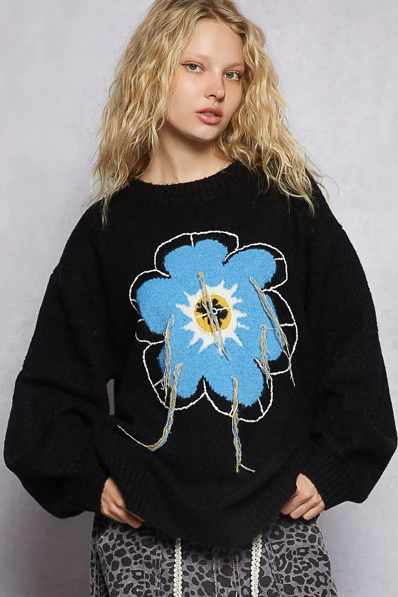 POL BloomCraze Floral Fringe Knit Sweater