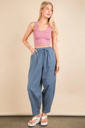 VERY J Solid Woven Barrel Pants with Drawstring Waist Cerulean