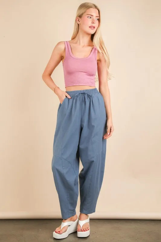 VERY J Solid Woven Barrel Pants with Drawstring Waist Cerulean