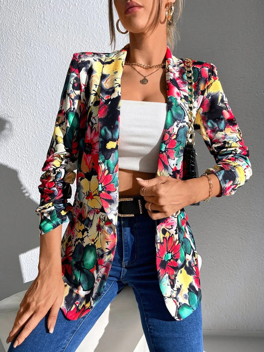 Vibrant Floral Open Front Blazer – Lightweight & Chic Floral