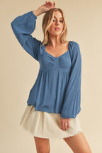 Aemi + Co Ruched Sweetheart Neck Balloon Sleeve Blouse Peacock Blue