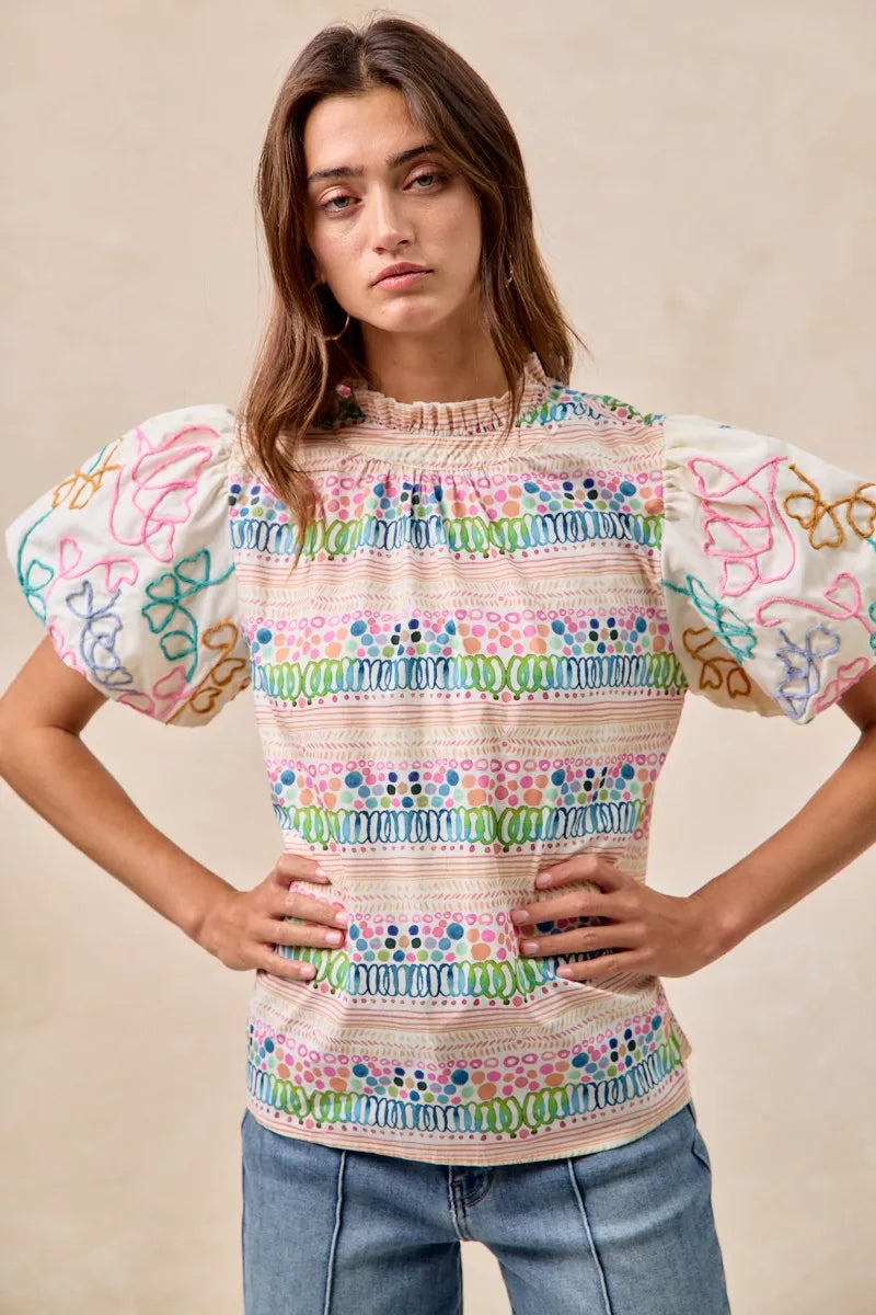 BiBi Ruffle Neckline Blouse With Embroidery Bubble Sleeve