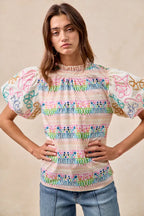 BiBi Ruffle Neckline Blouse With Embroidery Bubble Sleeve