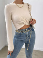Chic Twisted Front Cropped Knit Top Beige