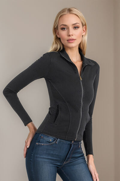 Basic Bae Pocketed Turtleneck Zip-Up Denim Top