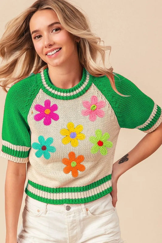 BiBi Crochet Flower Patches Striped Rib Band Sweater Ash Jade