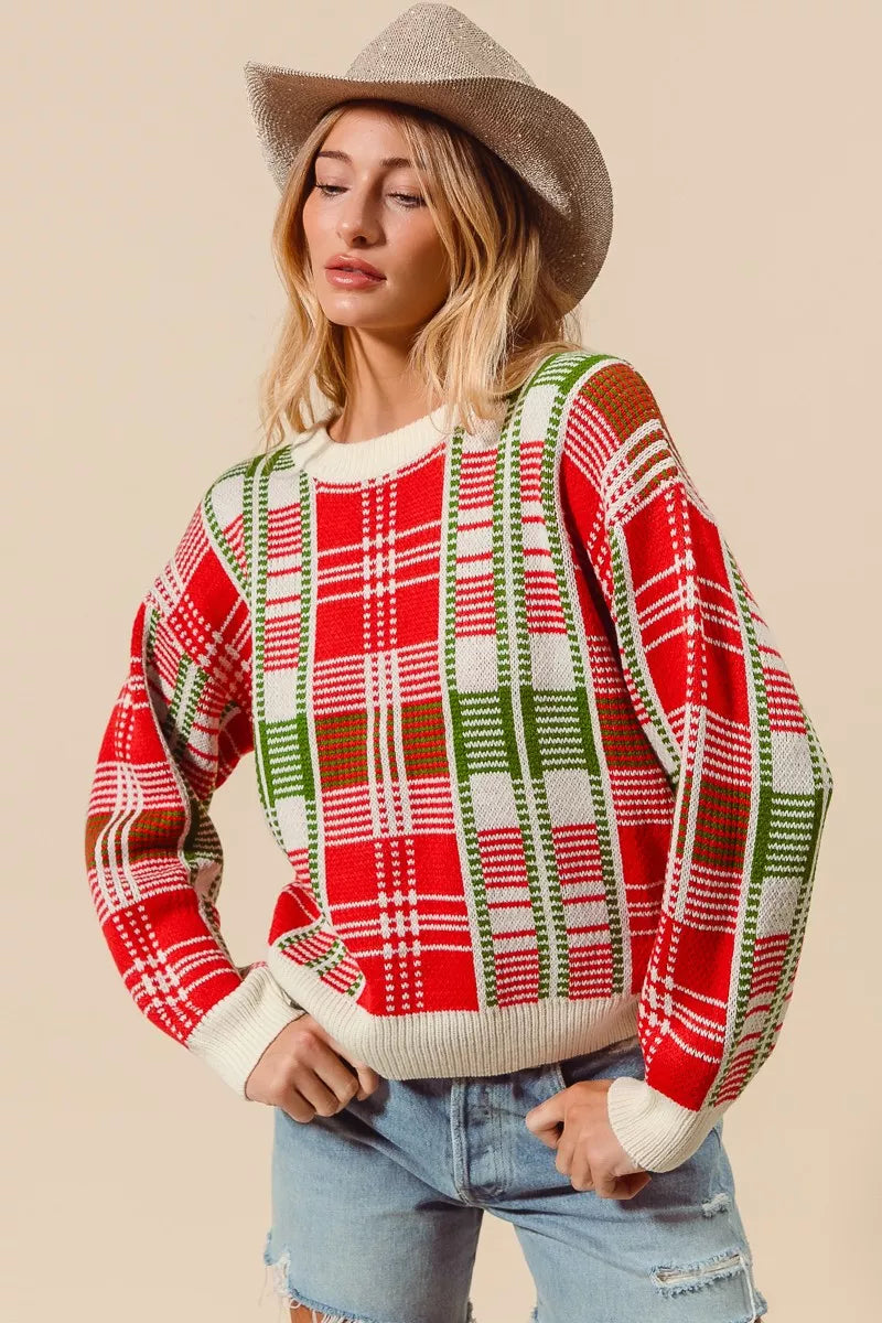 SO ME Festive Christmas Checkered Plaid Crew Neck Sweater