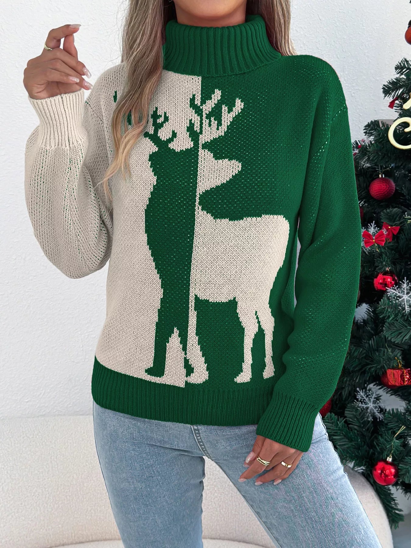 Cozy Christmas Reindeer Ribbed Turtleneck Sweater