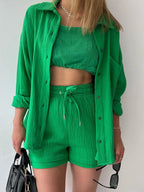 Chic Textured Button-Up Shirt & Shorts Two-Piece Set Green