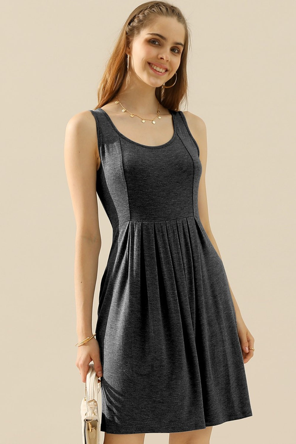 Doublju Full Size Round Neck Ruched Sleeveless Dress with Pockets Charcoal