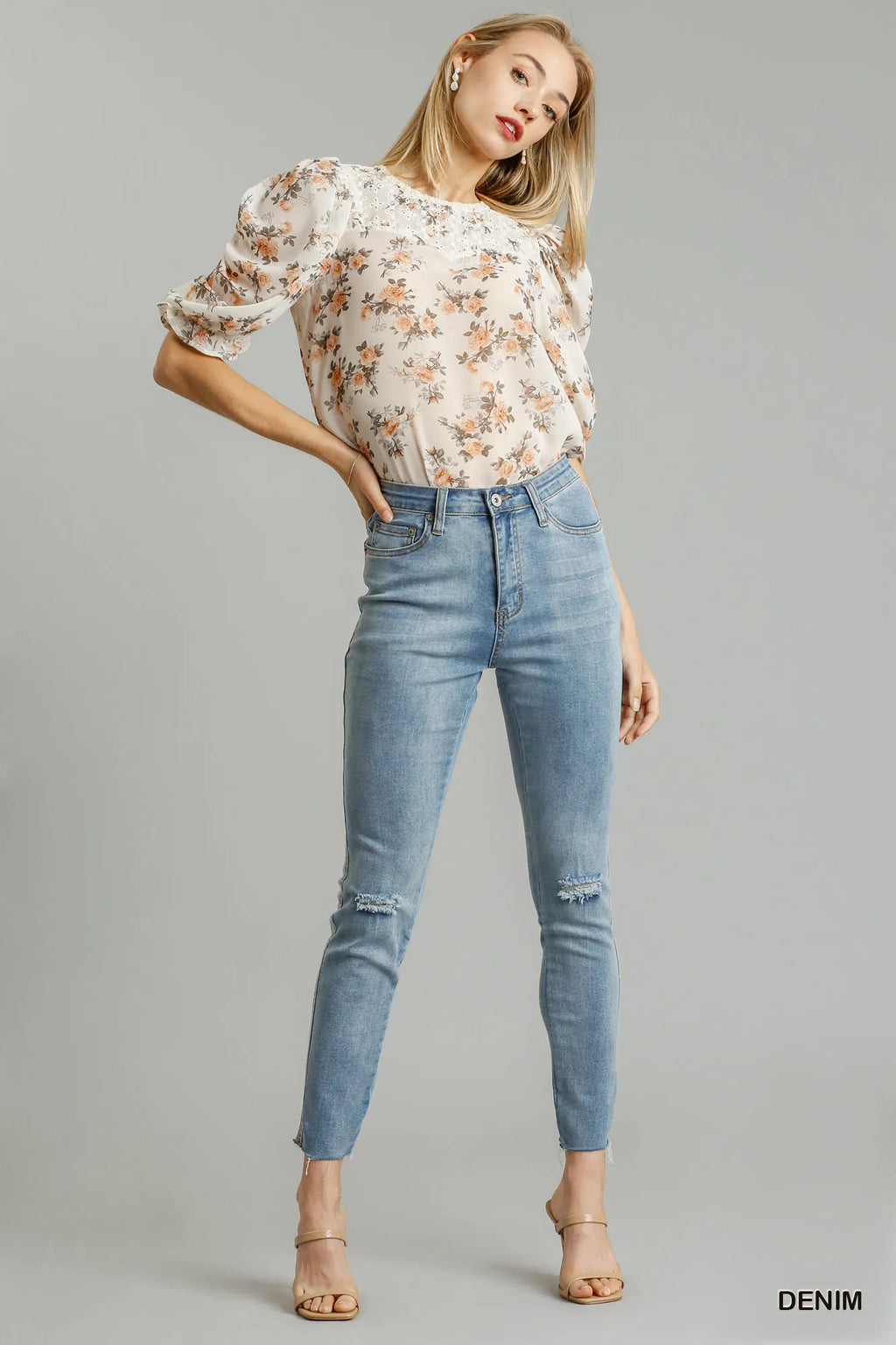 Umgee Distressed Stretch Denim Skinny Jeans with Raw Hem Medium Blue
