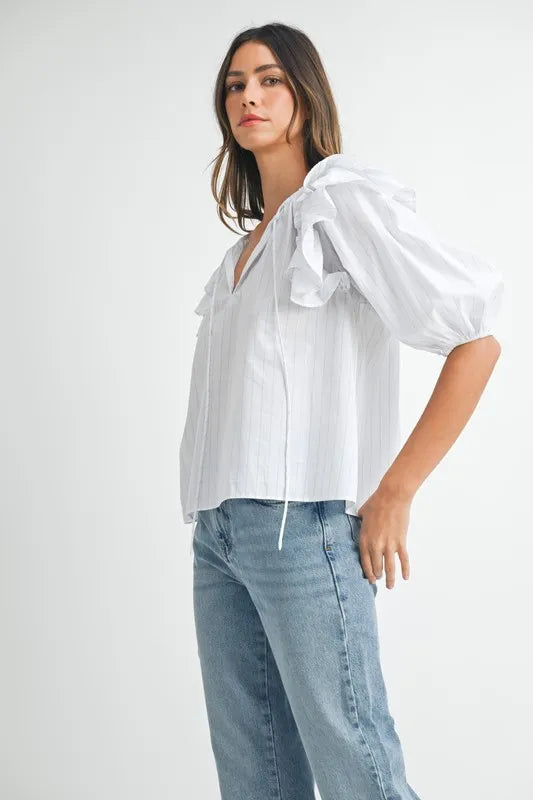MABLE Stripe Ruffle Shoulder Puff Sleeve Blouse