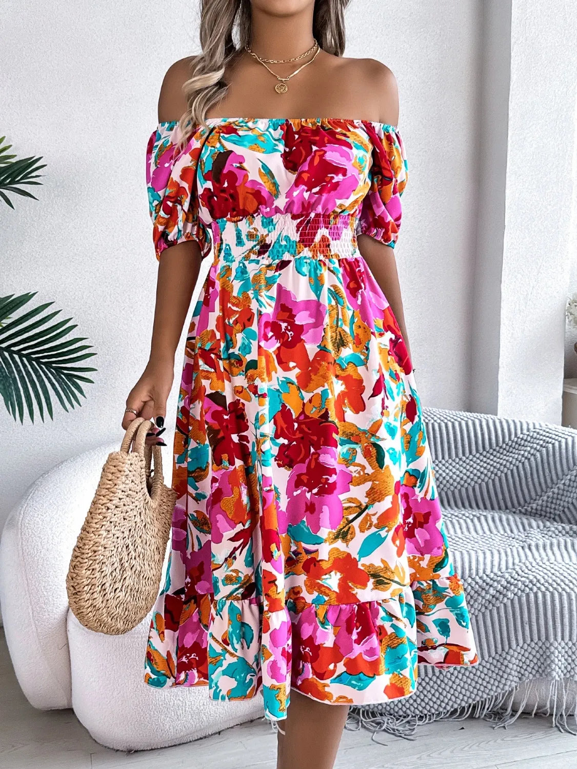 Smocked Ruffle Hem Floral Midi Dress
