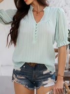 Devine Frill Notched Short Sleeve Blouse - Elegant & Chic