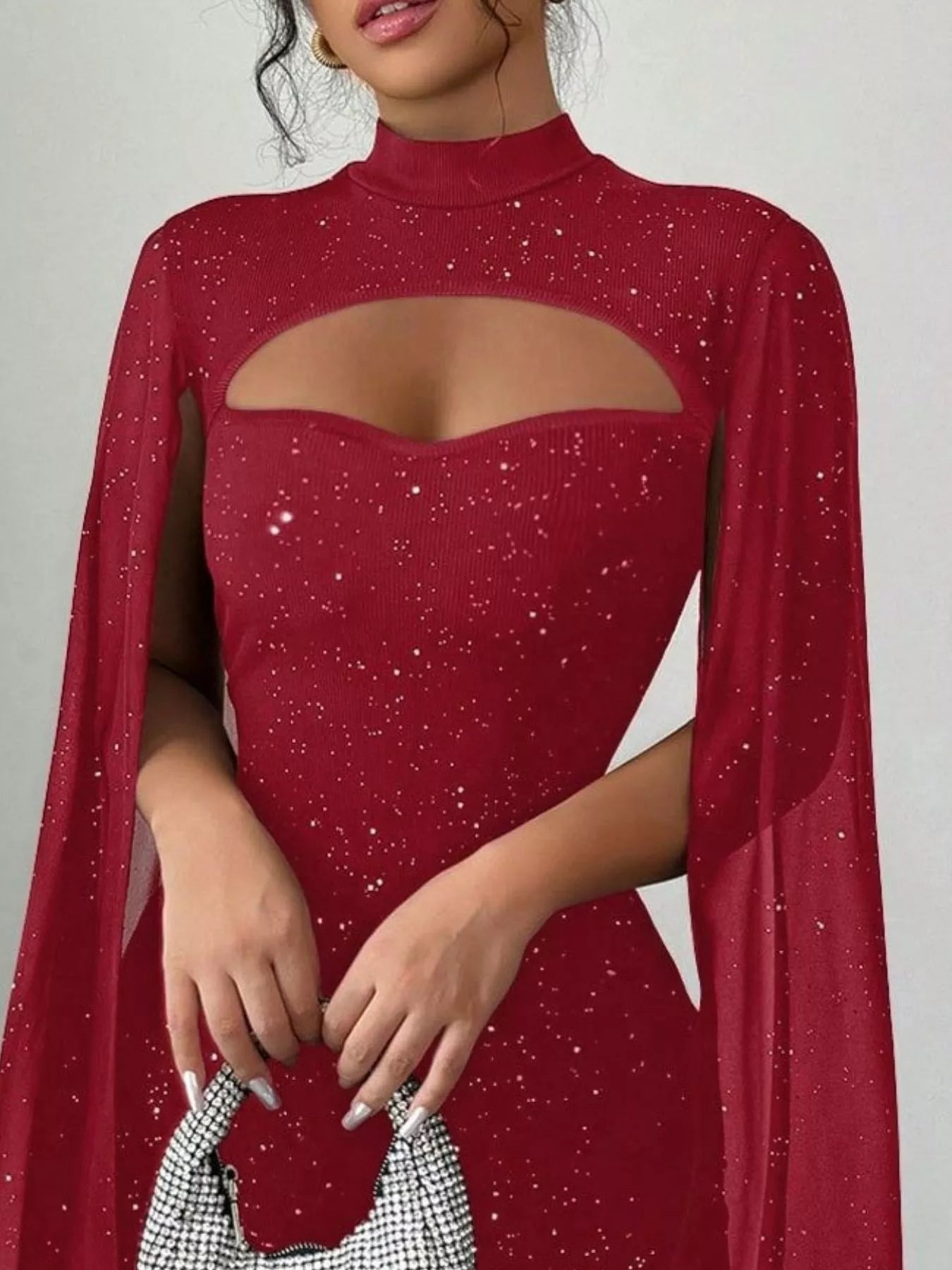 Glitter Cutout Bodycon Mini Dress with Cape Sleeves