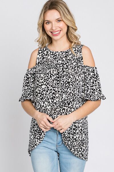 Heimish Full Size Leopard Print Cold Shoulder T-Shirt