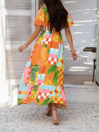 Devine Smocked Printed V-Neck Short Sleeve Maxi Dress