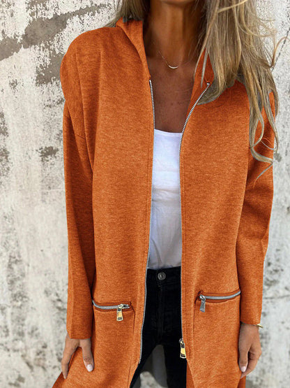 Full-Length Zip-Up Drop-Shoulder Hooded Jacket Ochre