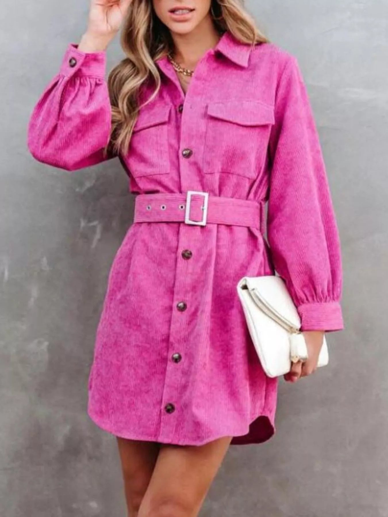 Button Front Belted Corduroy Dress with Pockets Deep Rose