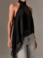 Asymmetrical Lace-Trim Halter Neck Cami Top
