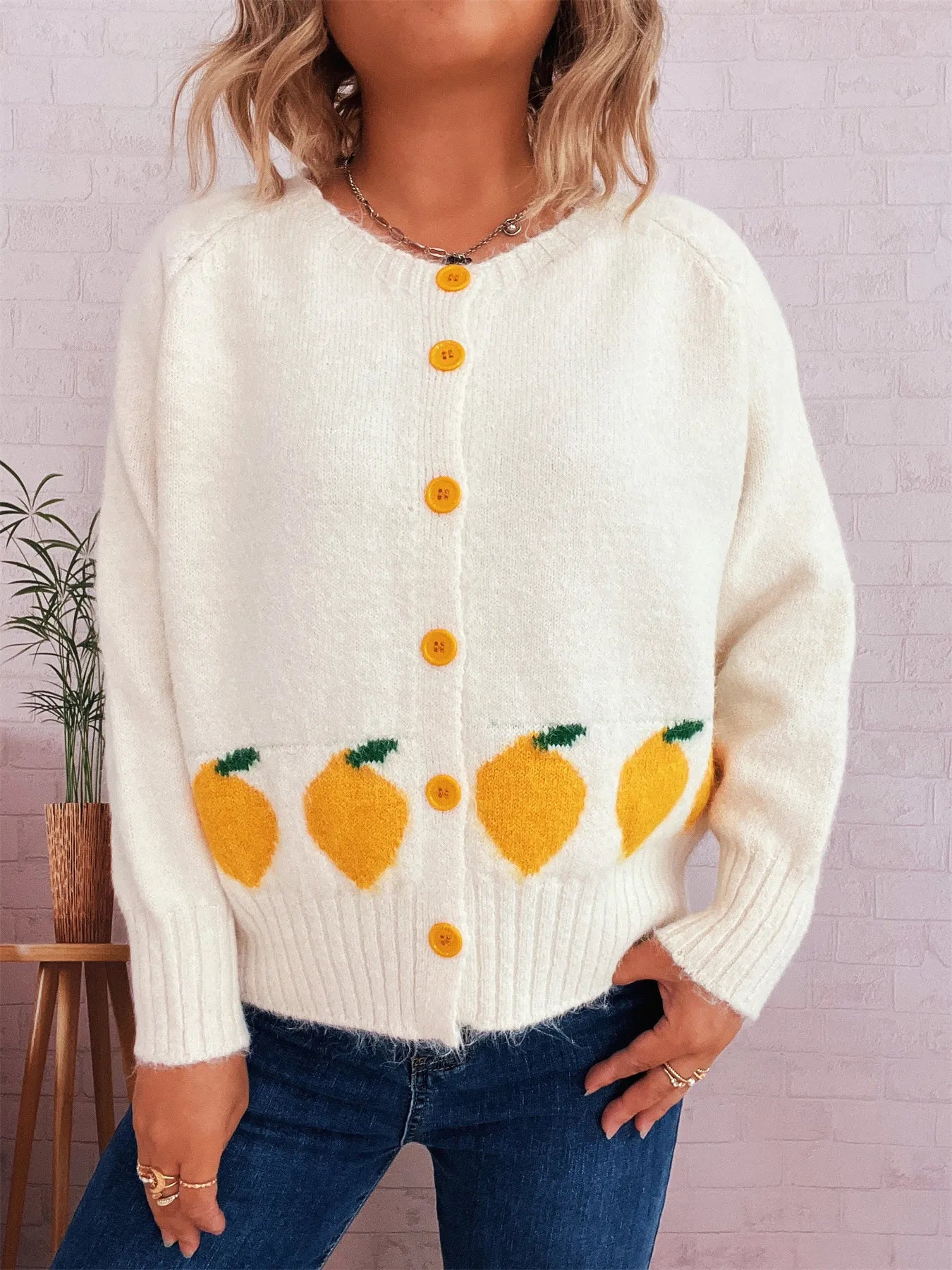 Chic Lemon Pattern Button-Up Cardigan – Playful Knitwear for Everyday Style White One size