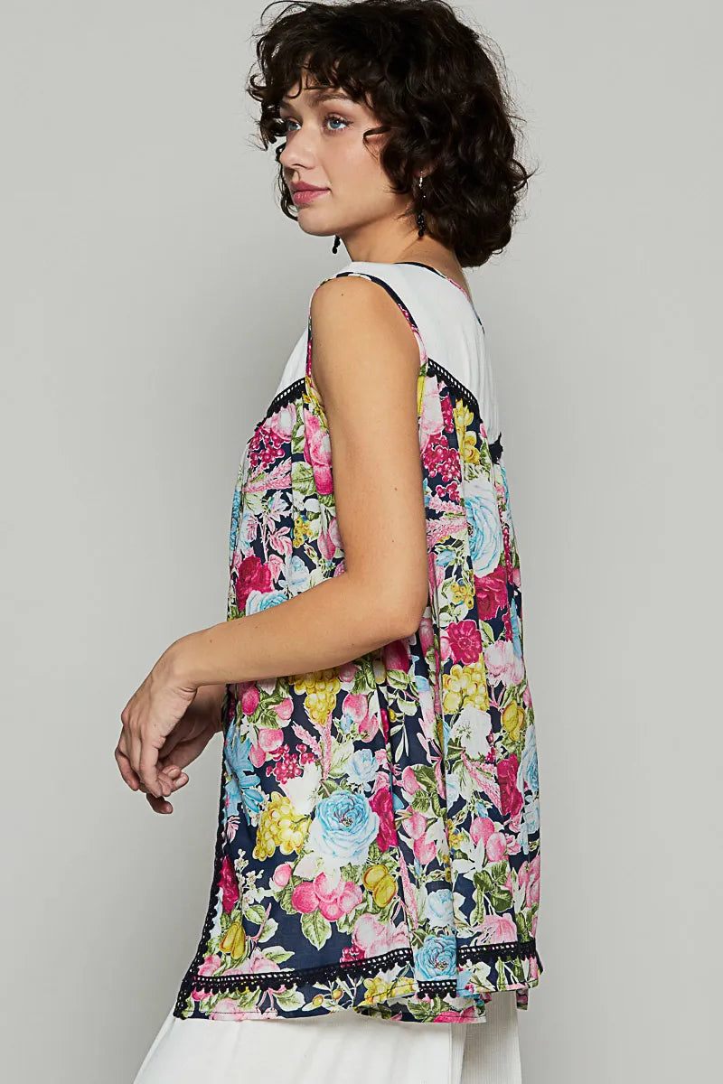 POL Lace Detail Floral Print Sleeveless Blouse â€“ Boho Chic Summer Top