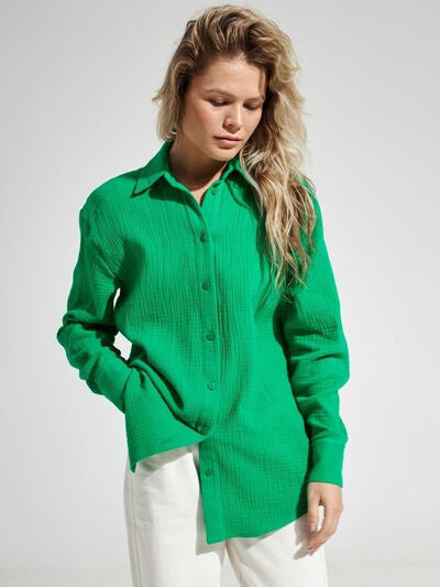 Textured Long Sleeve Collared Shirt - 100% Cotton Green
