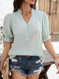 Devine Frill Notched Short Sleeve Blouse - Elegant & Chic Light Green