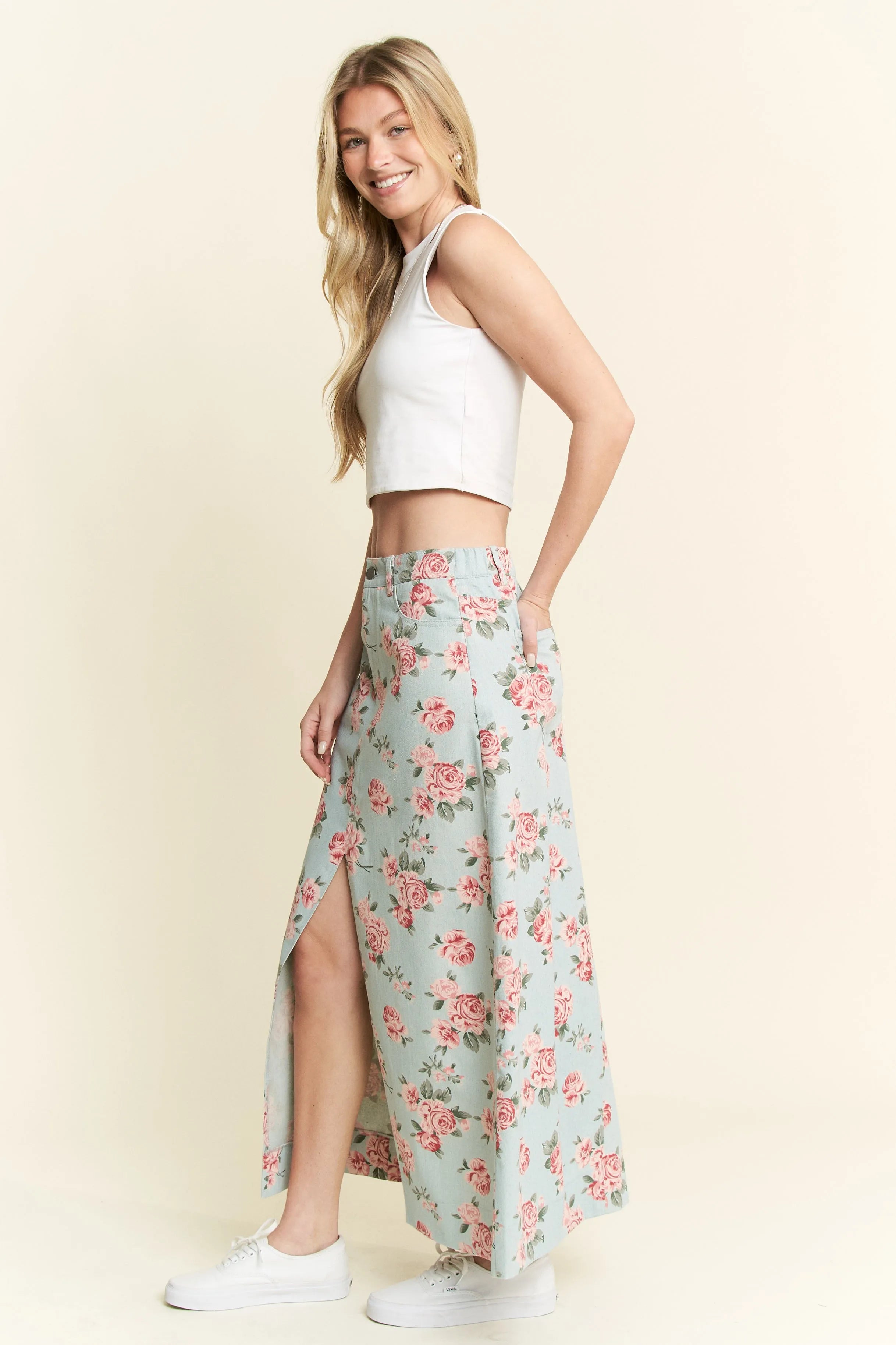 Jade By Jane Full Size Floral Print Front Slit Denim Maxi Skirt