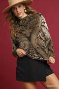 Umgee Velvet Burnout Damask Print Oversized Top Charcoal