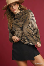 Umgee Velvet Burnout Damask Print Oversized Top Charcoal