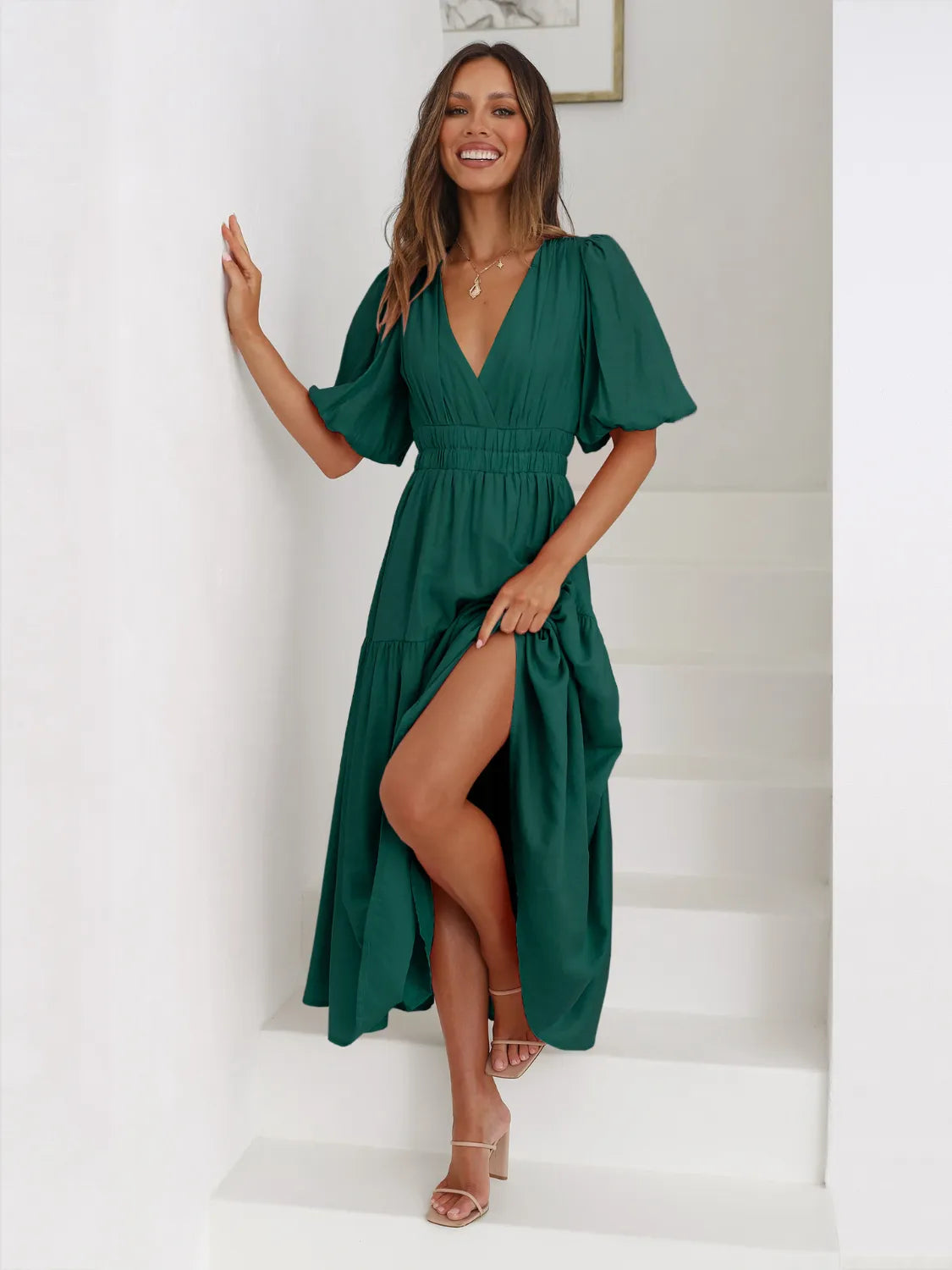 Tiered Surplice Midi Dress with Half Sleeves Dark Green