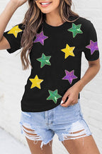 Sequin Stars Patched Round Neck T-Shirt - Casual Sparkle