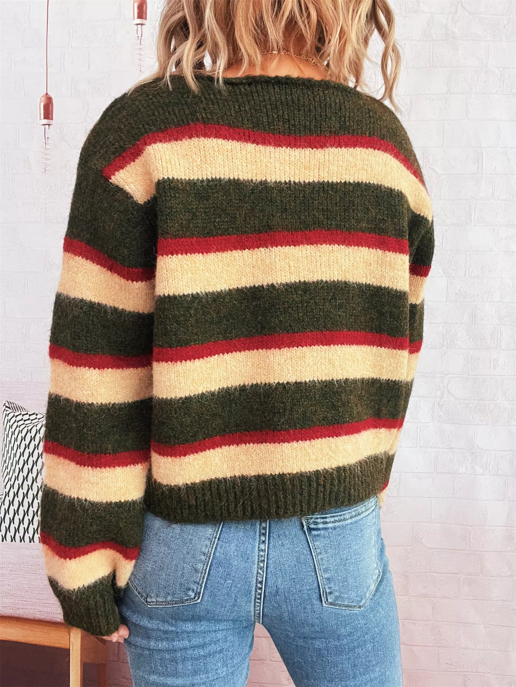 Striped Ribbed Round Neck Long Sleeve Sweater