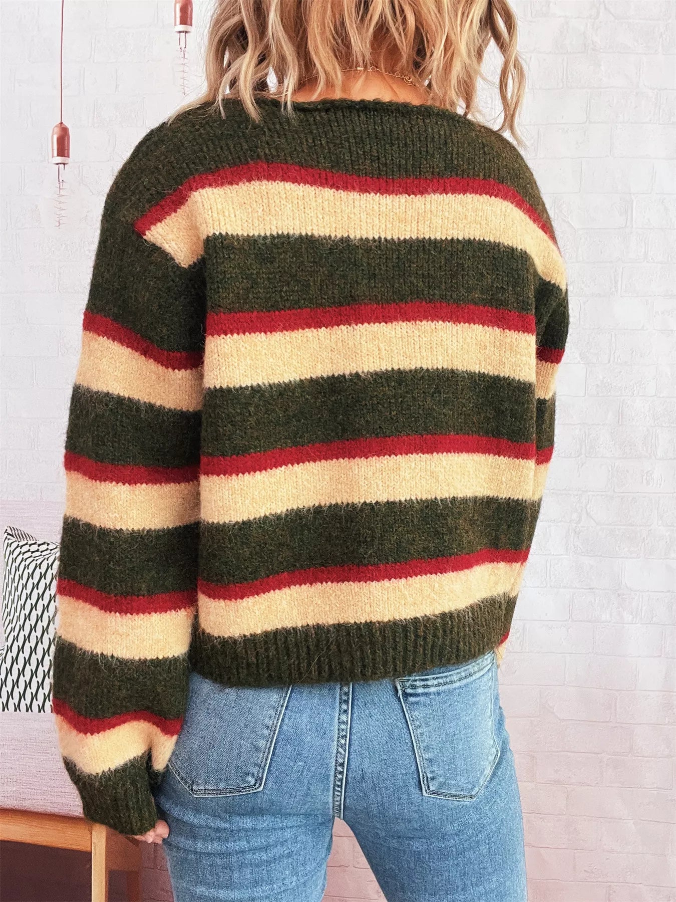 Striped Ribbed Round Neck Long Sleeve Sweater
