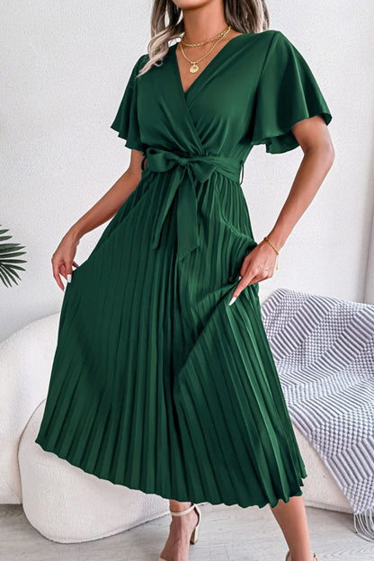 Pleated Flutter Sleeve Midi Dress with Belted Waist Dark Green