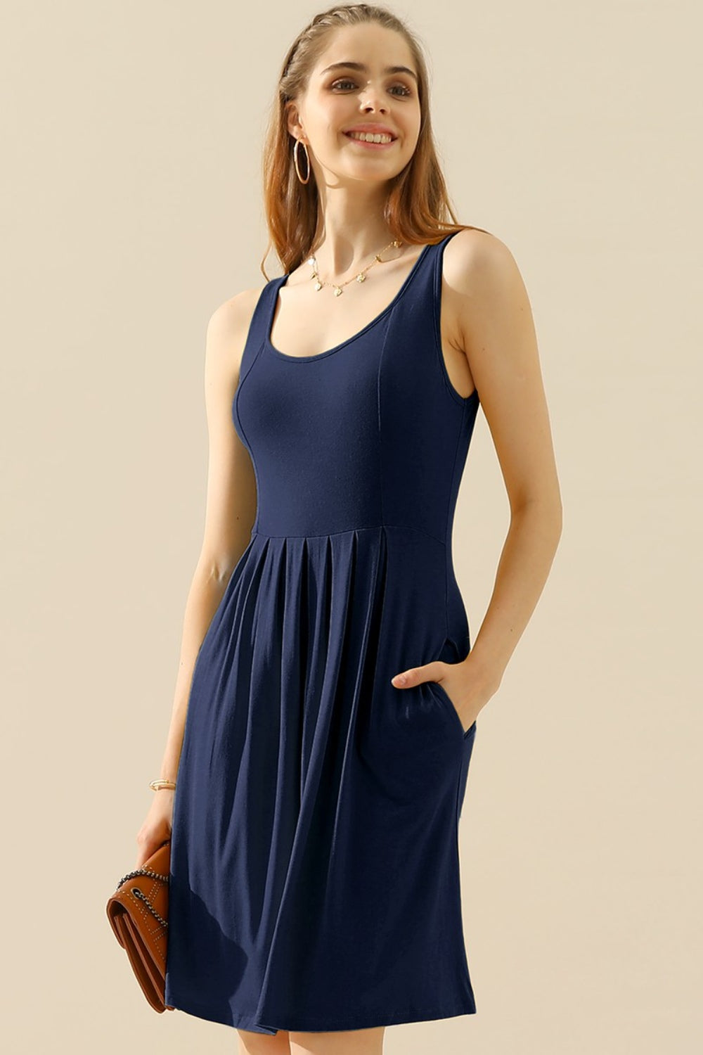 Doublju Full Size Round Neck Ruched Sleeveless Dress with Pockets Navy