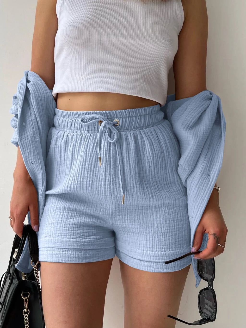 Chic Textured Button-Up Shirt & Shorts Two-Piece Set